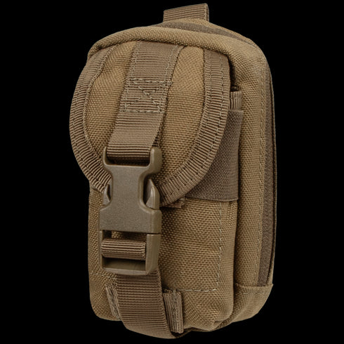 The Condor i-Pouch is a compact brown tactical pouch with a front strap, plastic buckle closure, multiple stitched compartments, and durable fabric.
