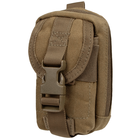 The Condor i-Pouch is a compact brown tactical pouch with a front strap, plastic buckle closure, multiple stitched compartments, and durable fabric.