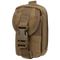 The Condor i-Pouch is a compact brown tactical pouch with a front strap, plastic buckle closure, multiple stitched compartments, and durable fabric.