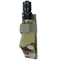 A black flashlight is secured in the Condor i-Pouch - Scorpion OCP, featuring a Scorpion OCP camouflage design with a Velcro strap and a metal clip on the side.