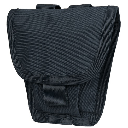 The Condor Handcuff Pouch is a black nylon pouch with reinforced edges and a flap closure, designed for securely carrying handcuffs or small accessories.