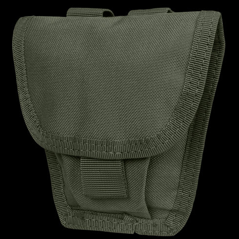 The Condor Handcuff Pouch is an olive green tactical pouch with a flap cover and reinforced stitching, ideal for carrying handcuffs or small gear.