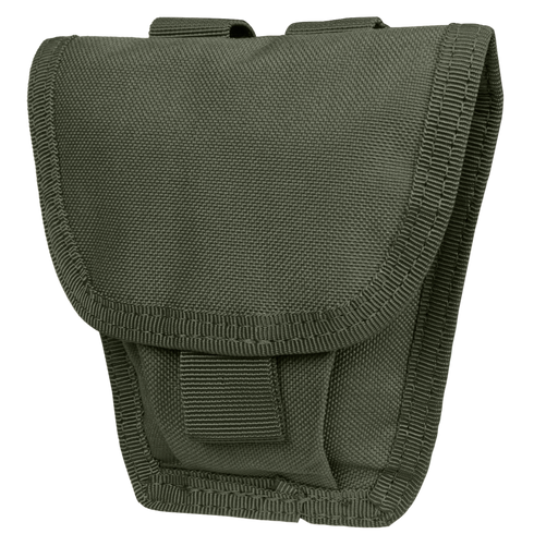 The Condor Handcuff Pouch is an olive green tactical pouch with a flap cover and reinforced stitching, ideal for carrying handcuffs or small gear.