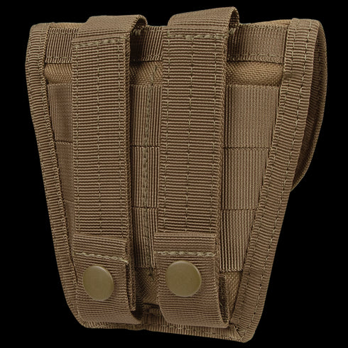 The Condor Handcuff Pouch is a tan tactical pouch featuring MOLLE webbing and two strap attachments with snap buttons on the back.