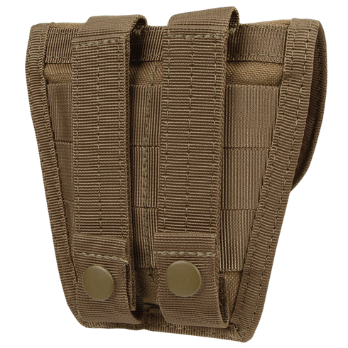 The Condor Handcuff Pouch is a tan tactical pouch with two vertical straps and button snaps, designed for attachment to MOLLE-compatible gear.