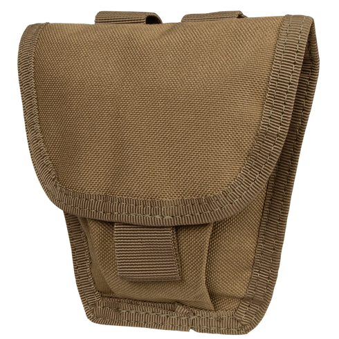 The Condor Handcuff Pouch is a brown tactical accessory made of durable fabric, featuring a flap cover and reinforced edges.
