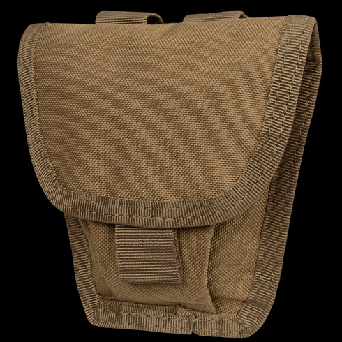 The Condor Handcuff Pouch is a tan tactical pouch made of durable fabric with reinforced stitching and a flap closure, designed for securely carrying handcuffs or small accessories.