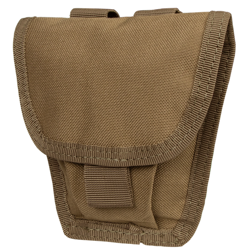 The Condor Handcuff Pouch is a tan tactical pouch made of durable fabric with reinforced stitching and a flap closure, designed for securely carrying handcuffs or small accessories.