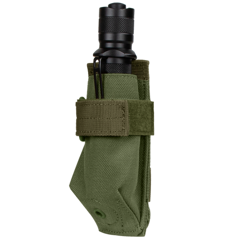 A Condor Flashlight Pouch in Olive Drab holds a black flashlight securely inside with its Velcro strap.
