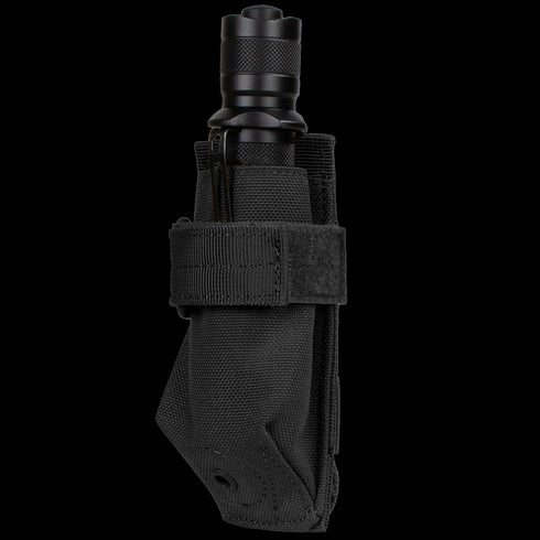 The Condor Flashlight Pouch, in black nylon with a Velcro strap, securely holds your flashlight—perfect for EDC or Law Enforcement—displayed here against a white background.