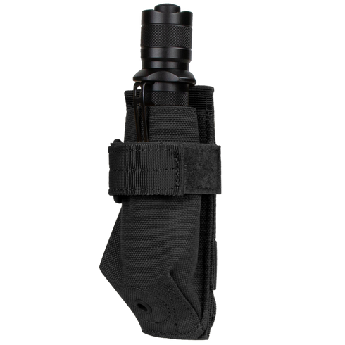 The Condor Flashlight Pouch, in black nylon with a Velcro strap, securely holds your flashlight—perfect for EDC or Law Enforcement—displayed here against a white background.