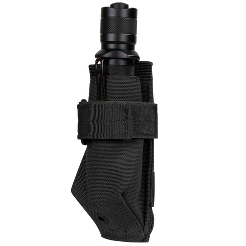 The Condor Flashlight Pouch, in black nylon with a Velcro strap, securely holds your flashlight—perfect for EDC or Law Enforcement—displayed here against a white background.