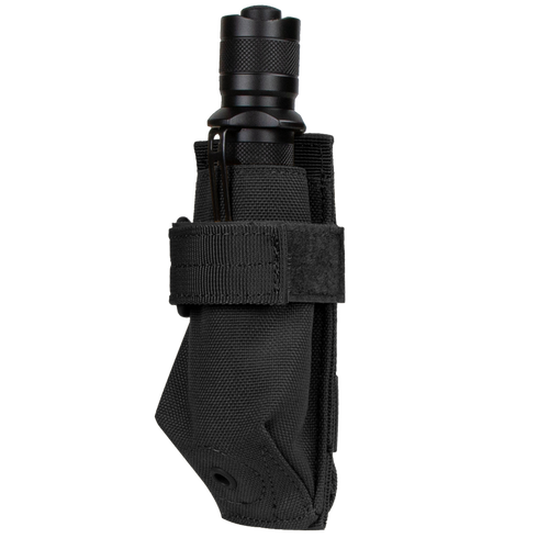 The Condor Flashlight Pouch, in black nylon with a Velcro strap, securely holds your flashlight—perfect for EDC or Law Enforcement—displayed here against a white background.