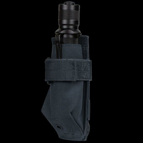 The Condor Flashlight Pouch is a black tactical holder made of durable fabric with a Velcro strap, perfect for securing your flashlight—ideal for law enforcement or shooting range use.