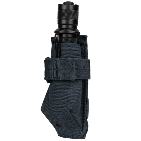 The Condor Flashlight Pouch is a black tactical holder made of durable fabric with a Velcro strap, perfect for securing your flashlight—ideal for law enforcement or shooting range use.