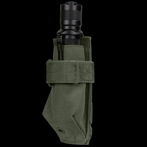 A black EDC flashlight secured in a Condor Flashlight Pouch made of green fabric with a Velcro strap.
