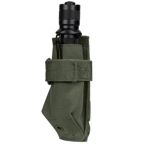 A black EDC flashlight secured in a Condor Flashlight Pouch made of green fabric with a Velcro strap.