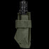 A black EDC flashlight secured in a Condor Flashlight Pouch made of green fabric with a Velcro strap.