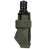A black EDC flashlight secured in a Condor Flashlight Pouch made of green fabric with a Velcro strap.