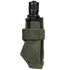 A black EDC flashlight secured in a Condor Flashlight Pouch made of green fabric with a Velcro strap.