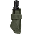 A black EDC flashlight secured in a Condor Flashlight Pouch made of green fabric with a Velcro strap.