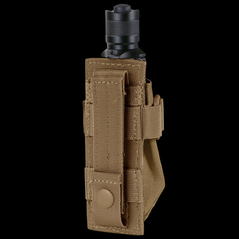 The Condor Flashlight Pouch, in tan with a snap-button strap, securely holds a black cylindrical flashlight—ideal for military or bushcraft use.