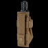 The Condor Flashlight Pouch - Scorpion OCP is a tan tactical nylon case with a buttoned strap, designed for first responders or law enforcement, shown holding a black flashlight against a white background.