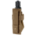 The Condor Flashlight Pouch, in tan with a snap-button strap, securely holds a black cylindrical flashlight—ideal for military or bushcraft use.