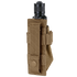 The Condor Flashlight Pouch, in tan with a snap-button strap, securely holds a black cylindrical flashlight—ideal for military or bushcraft use.