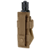 The Condor Flashlight Pouch, in tan with a snap-button strap, securely holds a black cylindrical flashlight—ideal for military or bushcraft use.