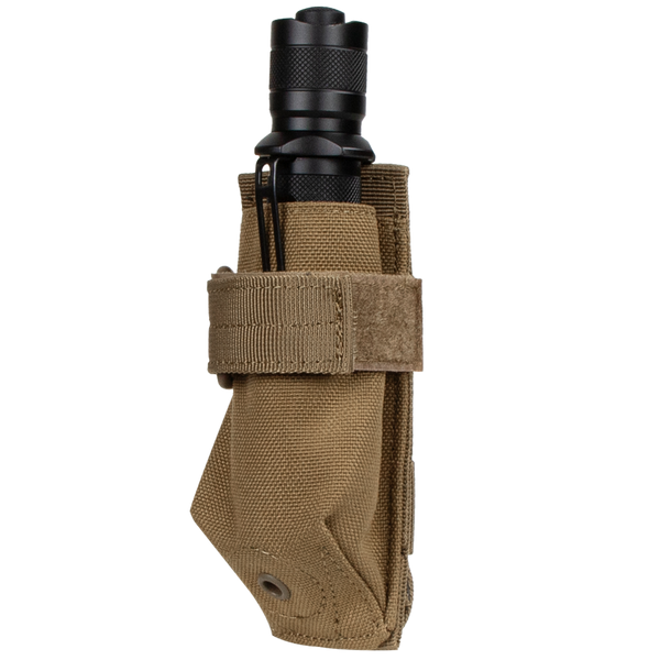 The Condor Flashlight Pouch holds a black flashlight in a tan tactical nylon case with Velcro strap—ideal for military or shooting range use.