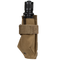 The Condor Flashlight Pouch holds a black flashlight in a tan tactical nylon case with Velcro strap—ideal for military or shooting range use.