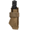 The Condor Flashlight Pouch holds a black flashlight in a tan tactical nylon case with Velcro strap—ideal for military or shooting range use.