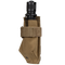 The Condor Flashlight Pouch holds a black flashlight in a tan tactical nylon case with Velcro strap—ideal for military or shooting range use.