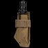 The Condor Flashlight Pouch holds a black flashlight in a tan tactical nylon case with Velcro strap—ideal for military or shooting range use.