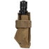The Condor Flashlight Pouch holds a black flashlight in a tan tactical nylon case with Velcro strap—ideal for military or shooting range use.
