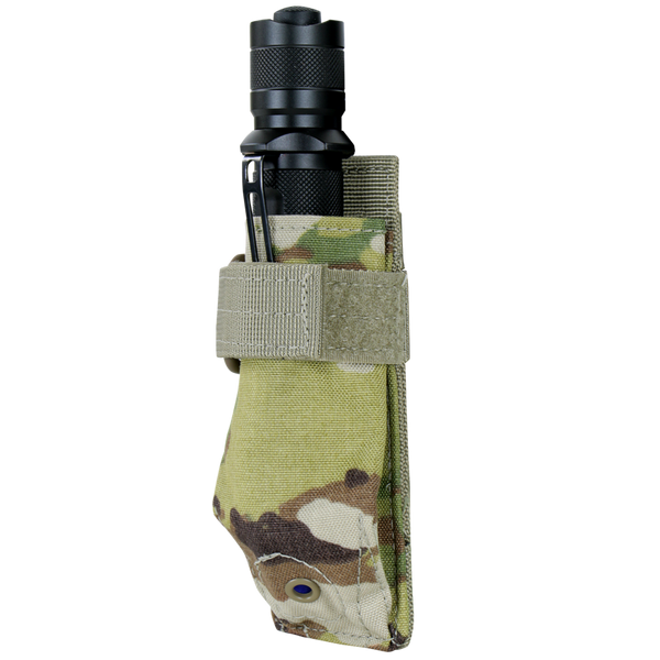 A Condor Flashlight Pouch - Scorpion OCP secures a black tactical flashlight in a camouflage-patterned holster with a Velcro strap.