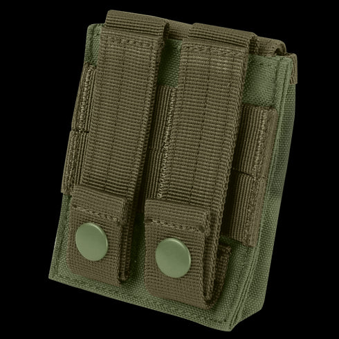 The Condor EMT Glove Pouch is a green tactical pouch with two vertical straps and snap button closures on the back, designed for attachment to gear or belts.
