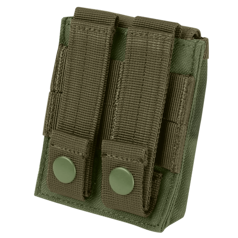 The Condor EMT Glove Pouch is a green nylon pouch featuring two vertical straps and snap button closures on the back.