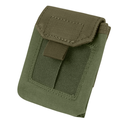 The Condor EMT Glove Pouch is a green, rectangular fabric pouch with a flap closure and front strap, designed for carrying small items.