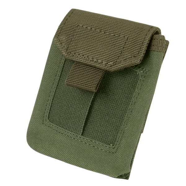 The Condor EMT Glove Pouch is a green, rectangular fabric pouch with a flap closure and front strap, designed for carrying small items.