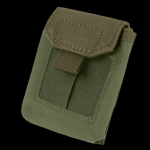 The Condor EMT Glove Pouch is a compact olive drab tactical pouch with a flap closure and hook-and-loop fastener, made from durable fabric.