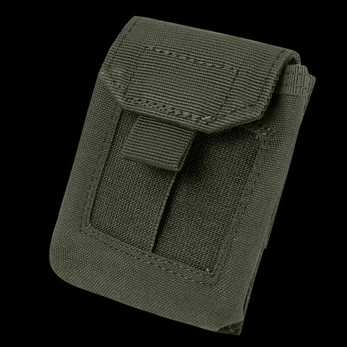 The Condor EMT Glove Pouch is a green tactical pouch with a flap closure and strap, made of durable fabric, ideal for military or outdoor bushcraft use.