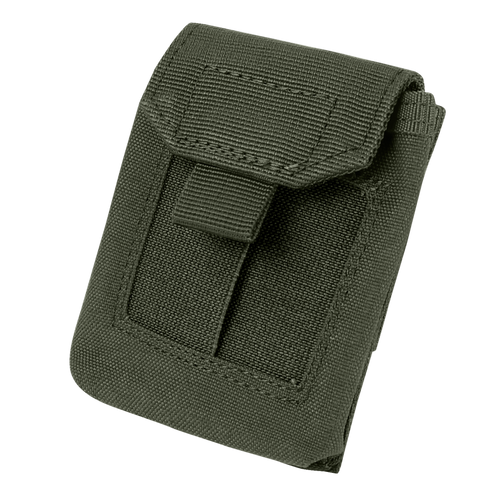 The Condor EMT Glove Pouch is a green tactical pouch with a flap closure and strap, made of durable fabric, ideal for military or outdoor bushcraft use.