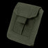 The Condor EMT Glove Pouch is a green tactical pouch with a flap closure and strap, made of durable fabric, ideal for military or outdoor bushcraft use.