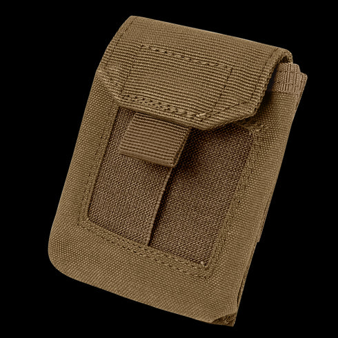 The Condor EMT Glove Pouch is a khaki tactical pouch with a flap closure and front strap, made of durable fabric—perfect for EDC or keeping gloves and gear organized at the range.