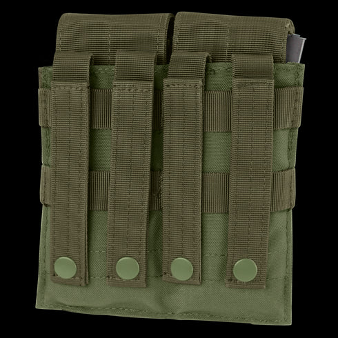 The Condor Double M4 Mag Pouch is a green tactical pouch with three vertical straps and snap buttons, designed for attachment to MOLLE-compatible gear.