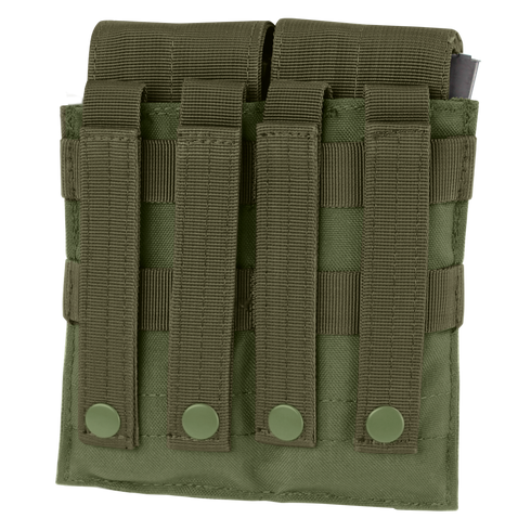 The Condor Double M4 Mag Pouch is a green tactical pouch with three vertical straps and snap buttons, designed for attachment to MOLLE-compatible gear.