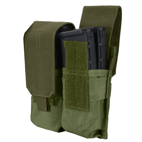 Condor Double M4 Mag Pouch in green, holds two black rifle magazines and features a Velcro flap closure.
