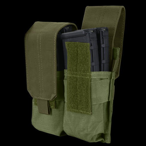 Condor Double M4 Mag Pouch in green, holds two black rifle magazines and features a Velcro flap closure.